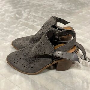 Gray open back booties